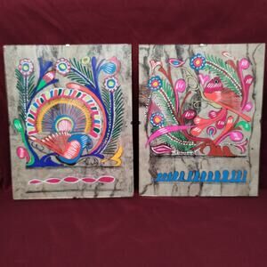 Vintage Mexican Amate Bark Painting Bright Neon Bird Folk Art 8x10 Set of 2